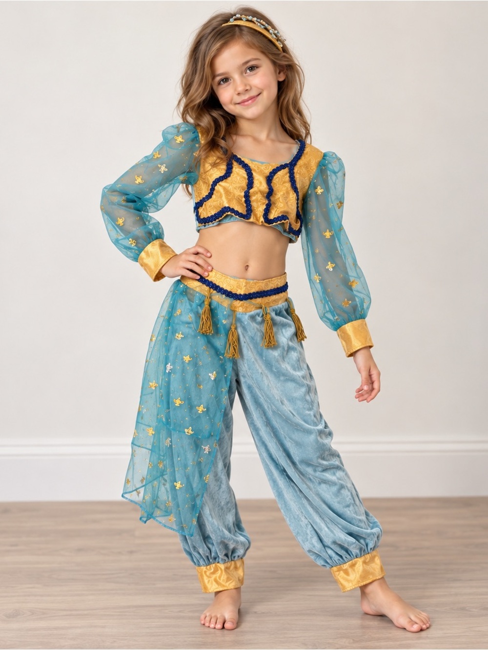 Disguise Mystical Genie Costume Girls 7/8 Turquoise Gold w Headpiece